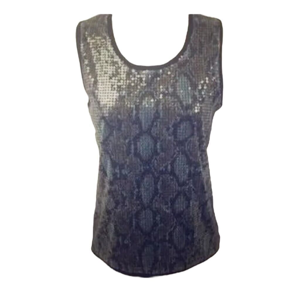 Verve Petite‎ Sequin Snake Print Tank Top Size PS Navy Blue Sleeveless Party New